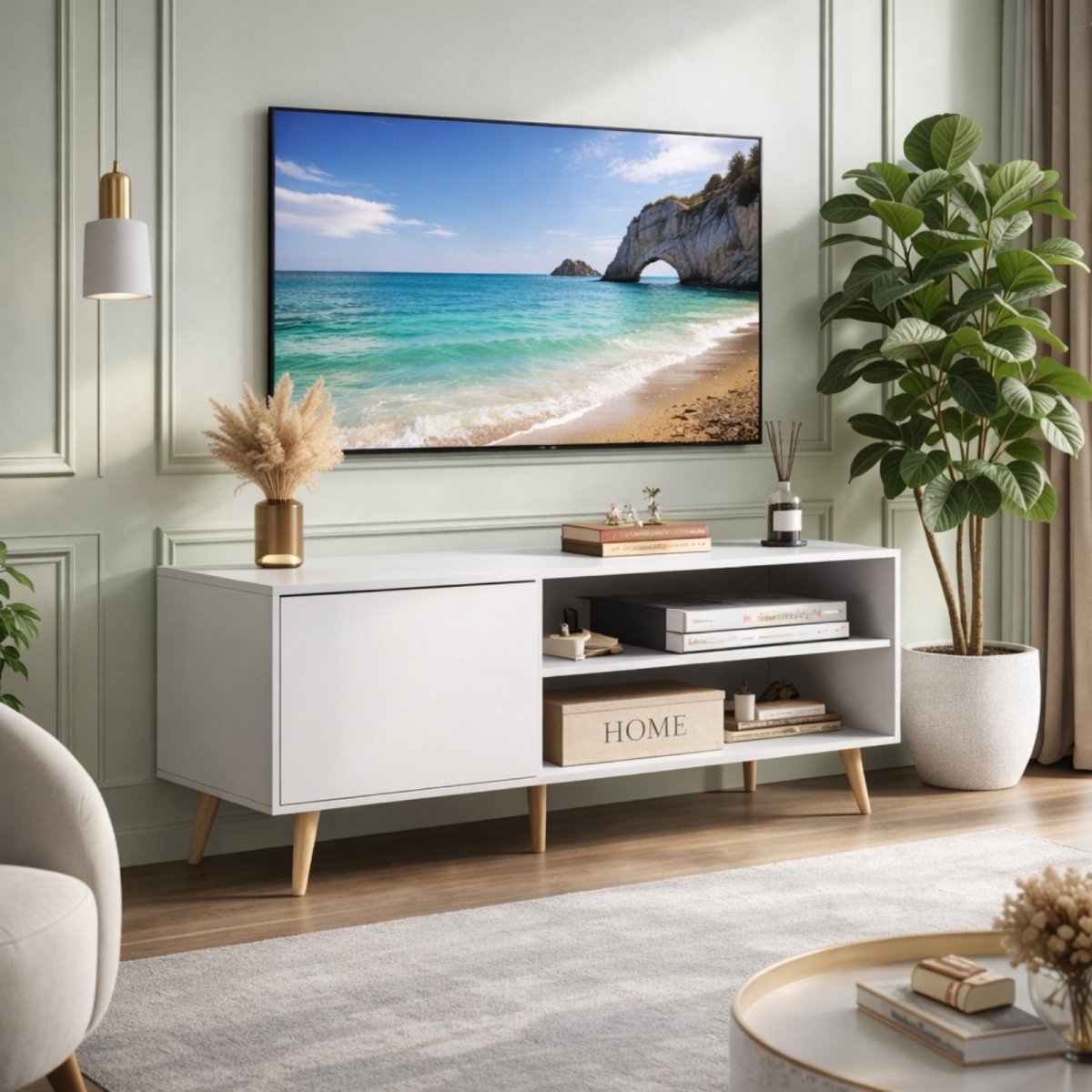The white Kouvr Aalto entertainment center with natural wood legs holding a TV in a chic living room with sage green panelled walls and a large potted plant.