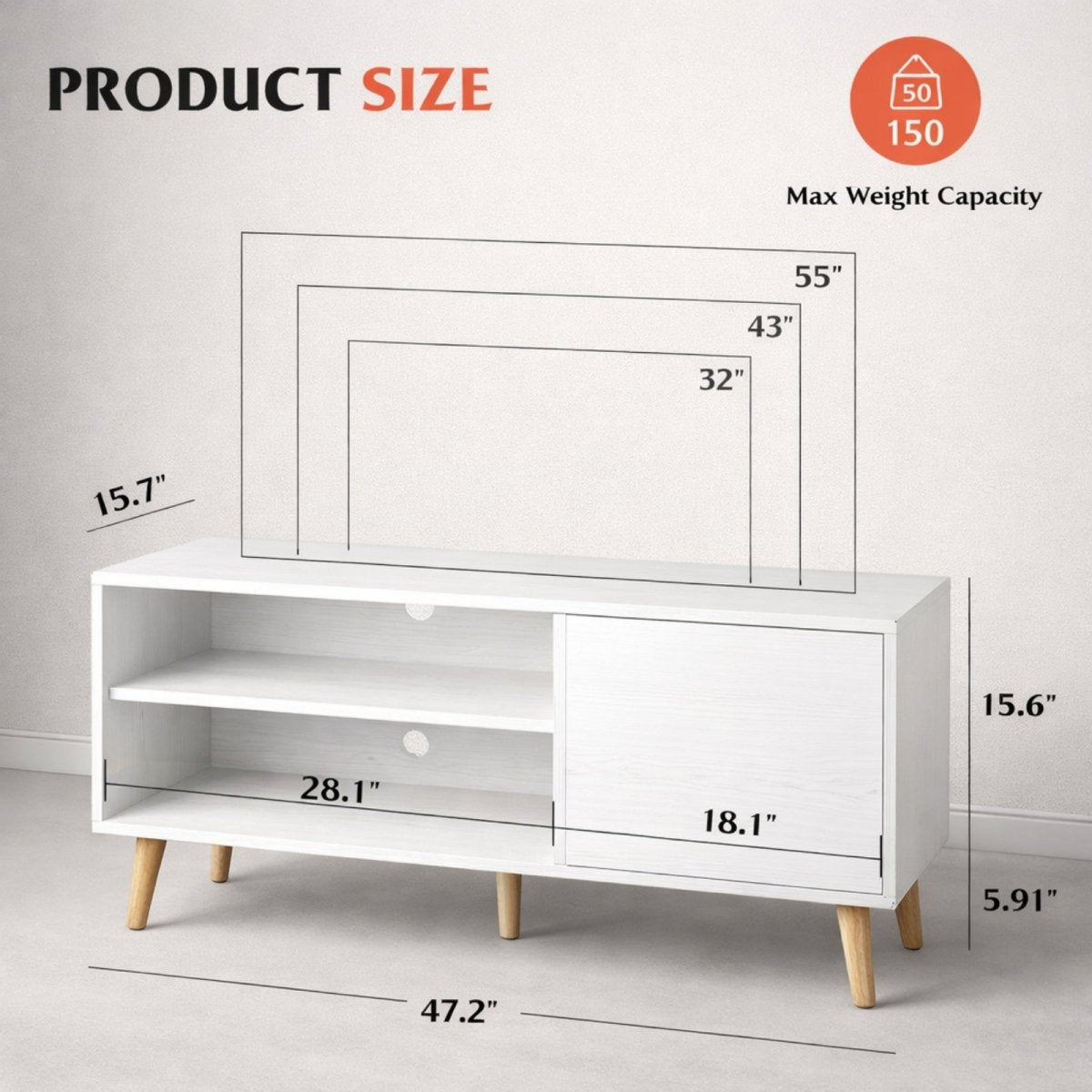 A diagram showing the dimensions of the Kouvr Aalto TV stand, which is 47.2 inches wide and suitable for TVs up to 55 inches, with a max weight capacity of 150 lbs.