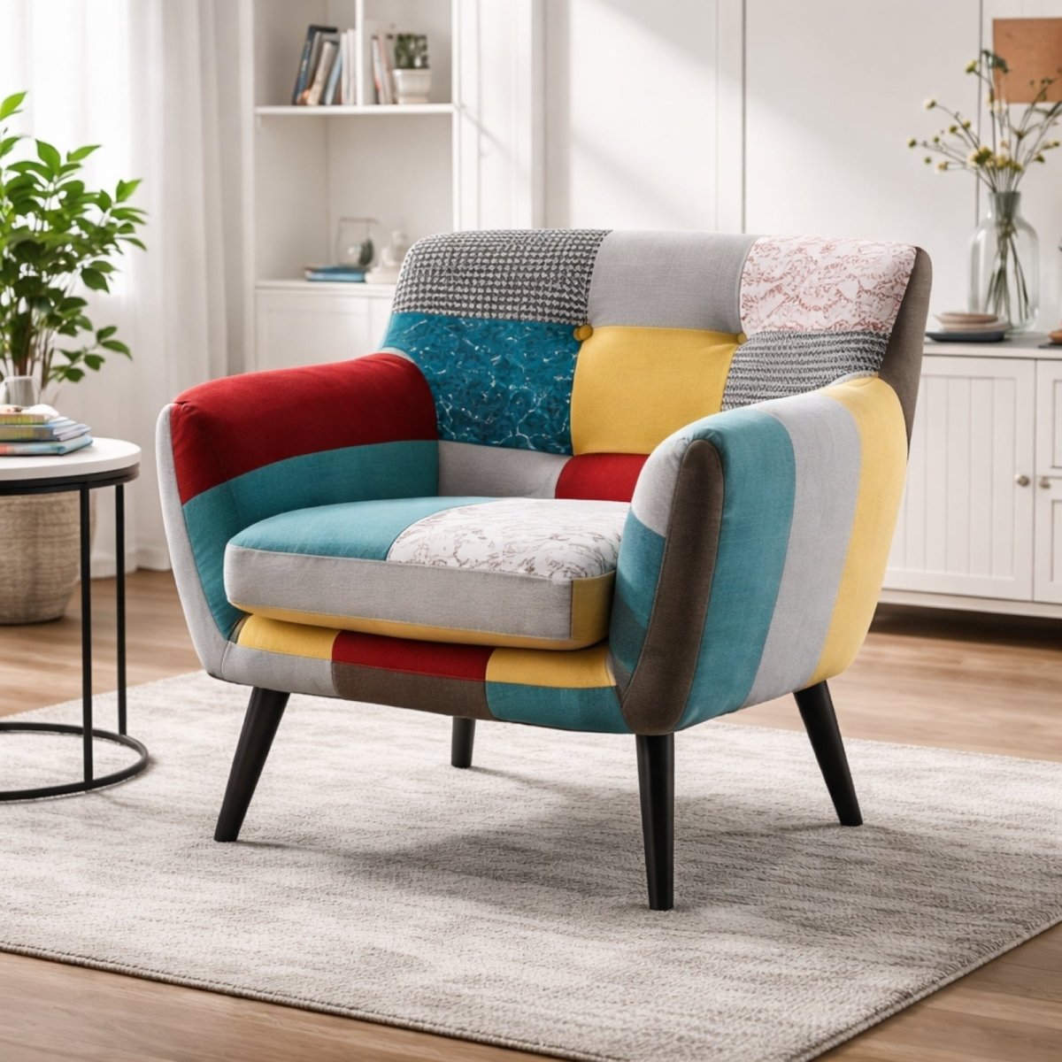 Kouvr single accent armchair with mid-century modern design, colorful patchwork upholstery, and comfortable wide seat for reading nooks.