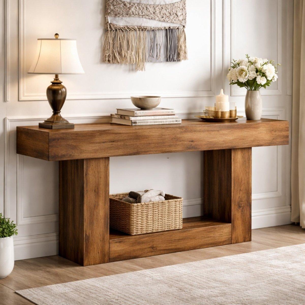 A long, two-tone wood console table by Kouvr with a rustic brown top and grey base, styled in a modern hallway with a wicker basket and neutral decor. 