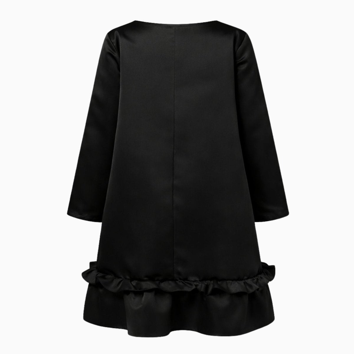 Flatlay showing the back construction of the Kouvr adalee black satin A-line dress.