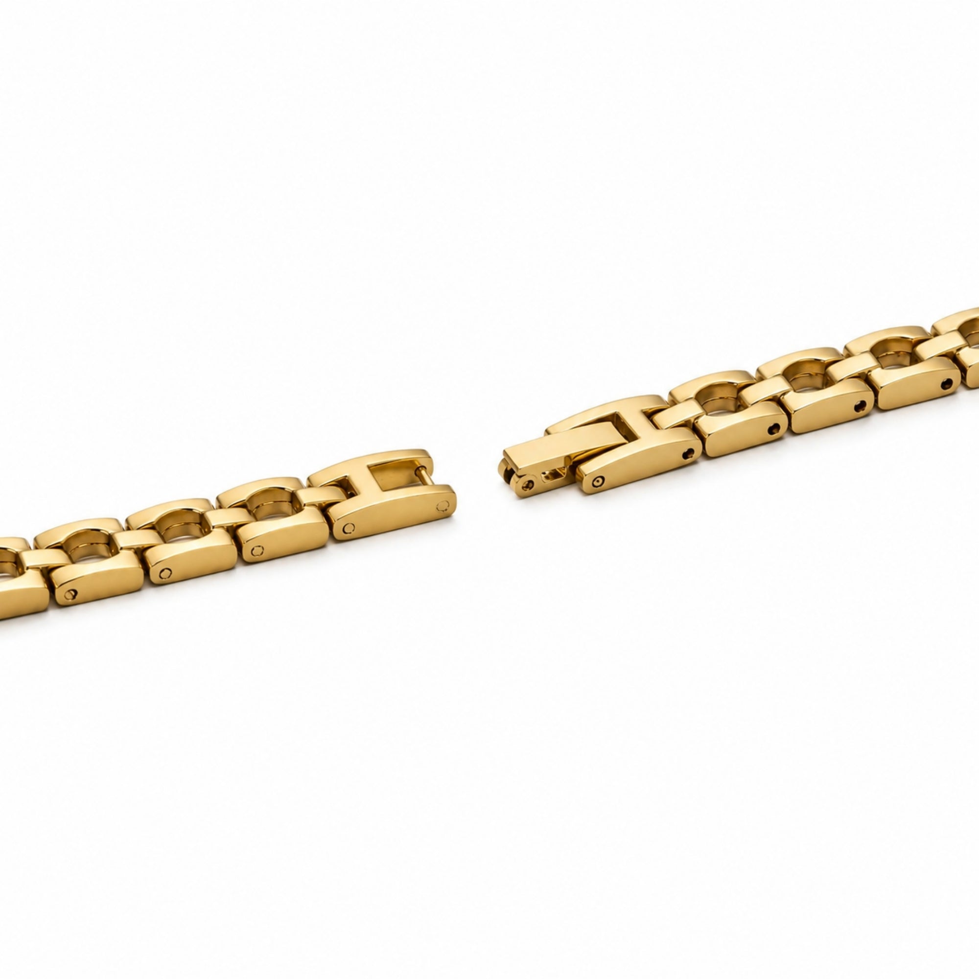 Detail shot of the Kouvr watch adjustable gold stainless steel jewelry clasp mechanism open