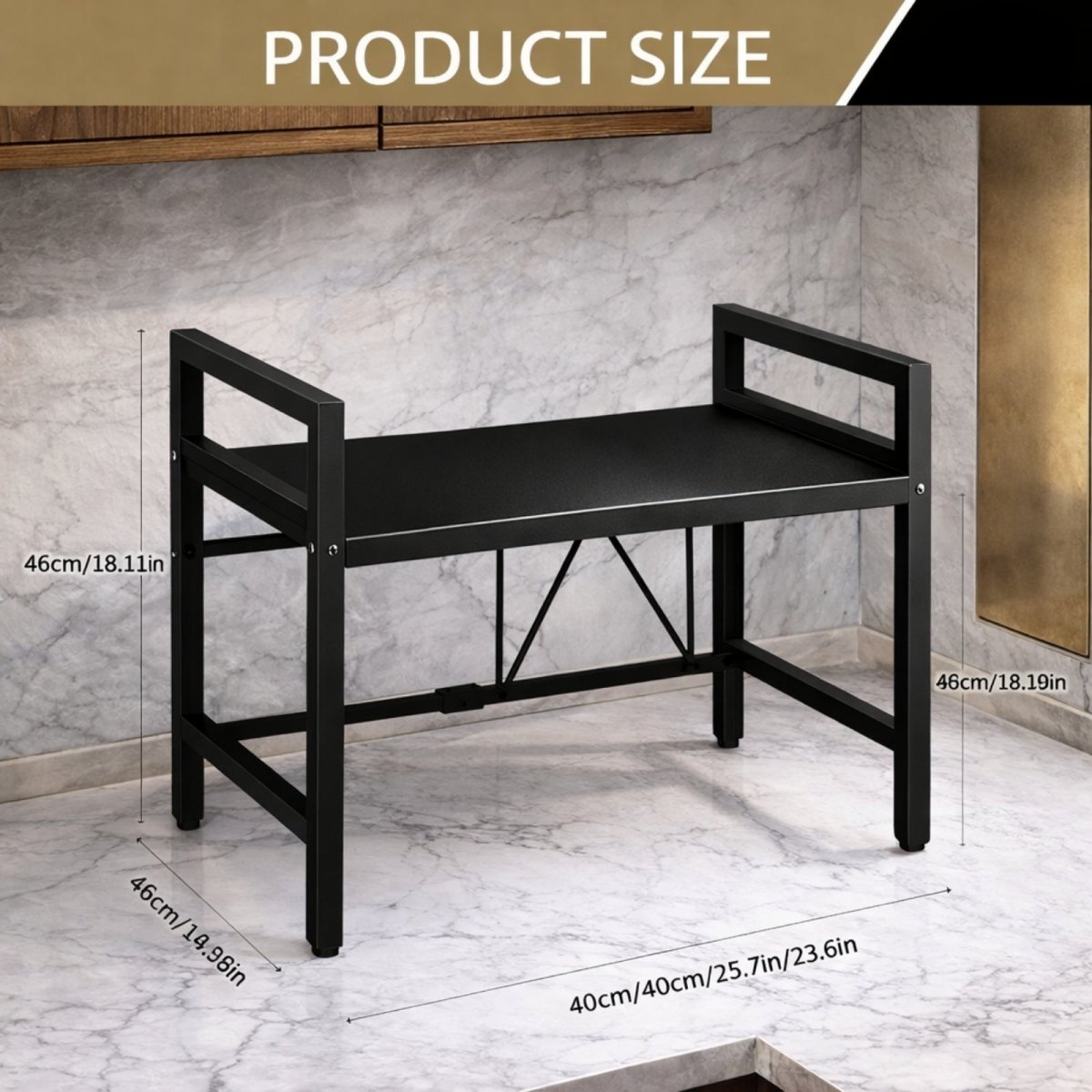 Dimension diagram for the black Kouvr adjustable microwave oven rack showing height, width, and depth measurements on a marble background.