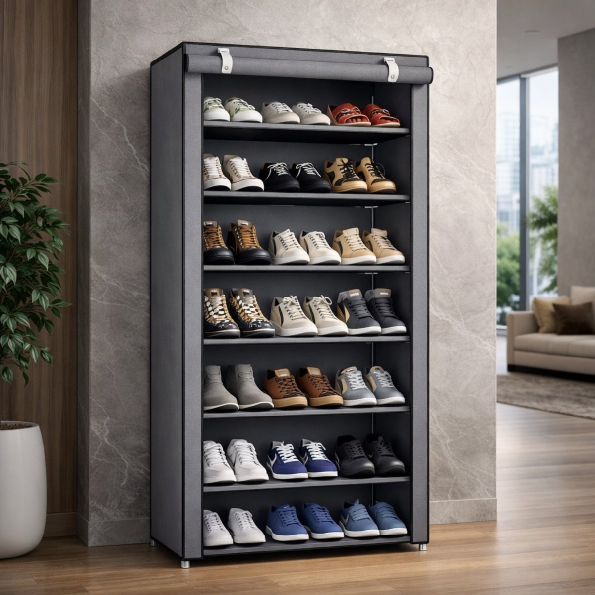 Eight tier dark grey freestanding shoe organizer by Kouvr filled with sneakers and boots in a minimalist entryway setting.