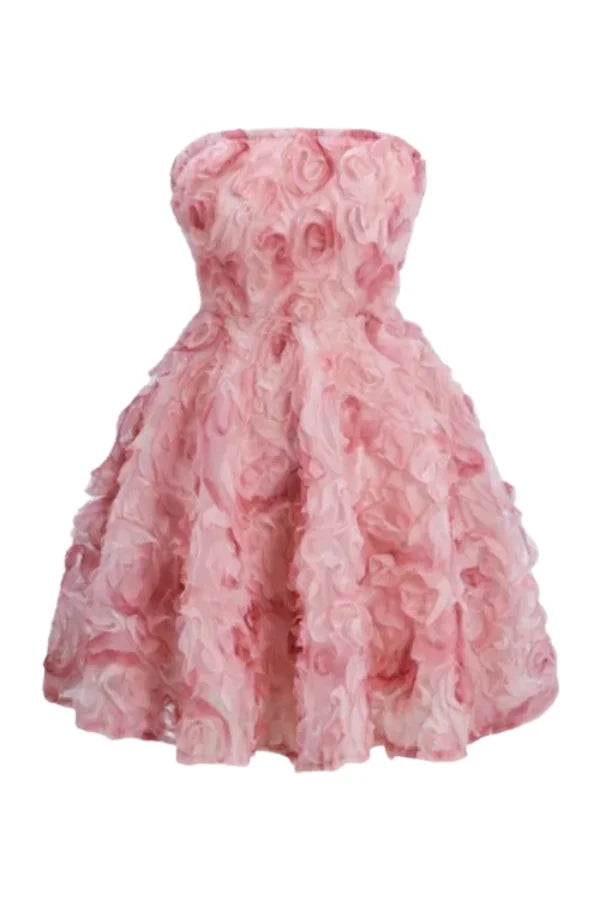 bandeau bodice," "A-line silhouette," "voluminous skirt," "coquette aesthetic," "balletcore dress," and "romantic attire