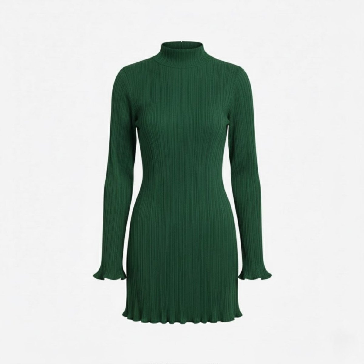 Product-only image of the Kouvr Agathe green ribbed knit dress laid flat, showing the mock neck, long sleeves, and ruffle trim details.