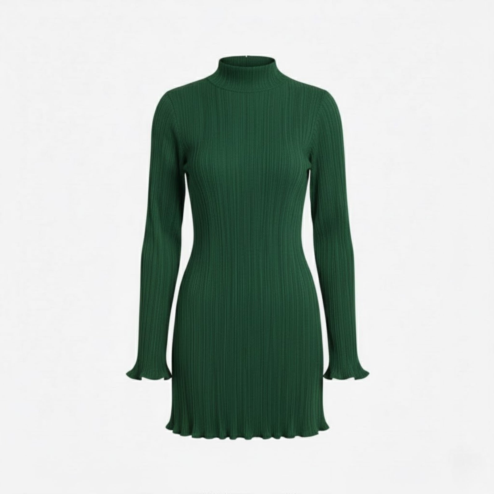 Product-only image of the Kouvr Agathe green ribbed knit dress laid flat, showing the mock neck, long sleeves, and ruffle trim details.