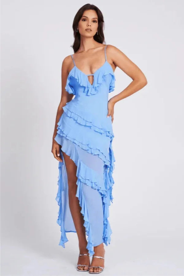 Model wearing Kouvr Aiah light blue asymmetric ruffle midi dress for a cocktail event