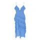 Model wearing Kouvr Aiah light blue asymmetric ruffle midi dress for a cocktail event