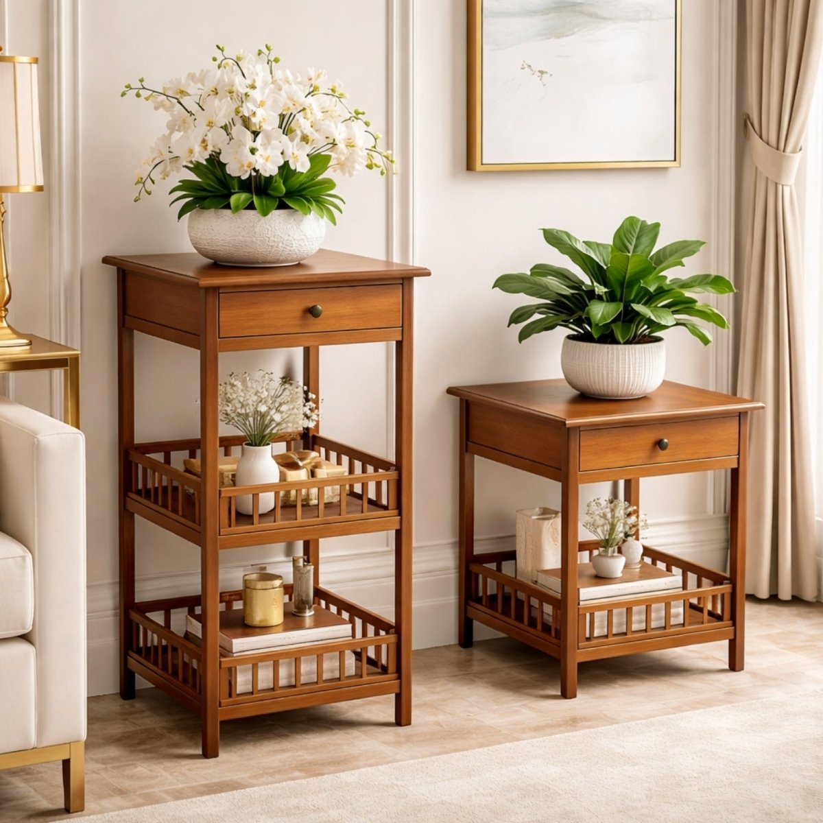 A pair of Kouvr wood end tables styled in a luxury living room, one tall version with a flower arrangement and one shorter version with a potted plant.