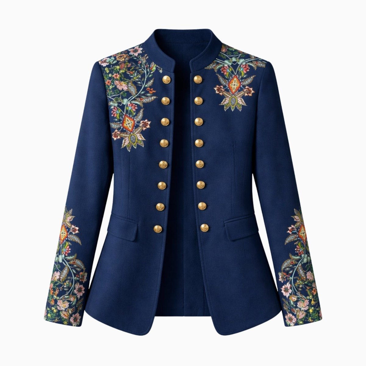 Front view of the Kouvr Aiko multicolor officer jacket on a white background, detailed shot of the embroidery and buttons.