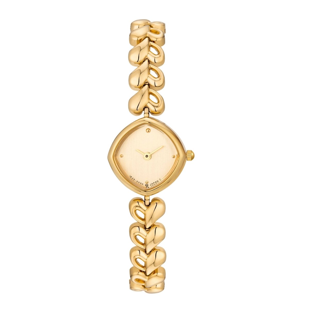 Gold kouvr watch with decorative band on a white background