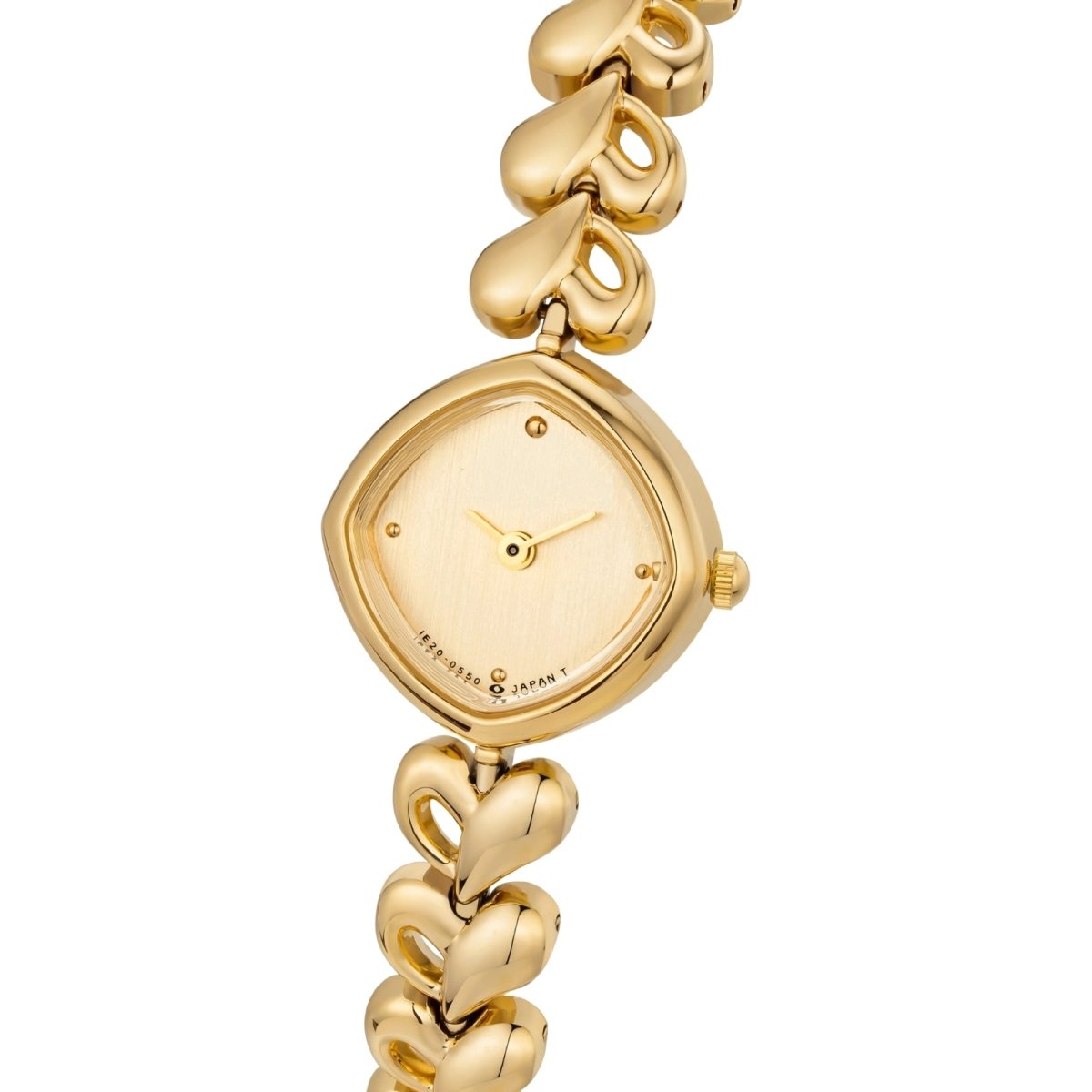 Gold kouvr wristwatch with a chain-like design on a white background