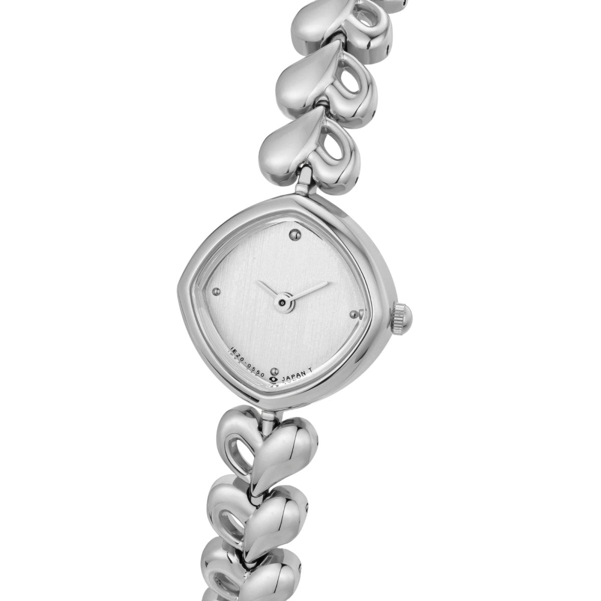 Silver kouvr watch with heart-shaped links on a white background