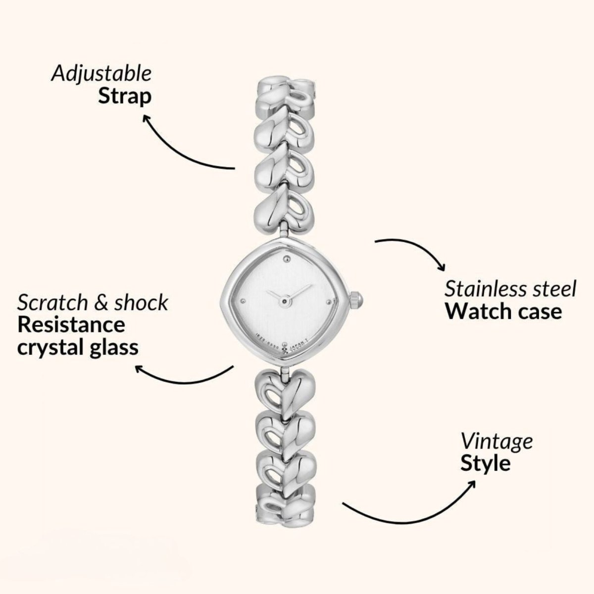 Silver kouvr watch with adjustable strap, scratch & shock resistance crystal glass, stainless steel case, and vintage style on a white background.
