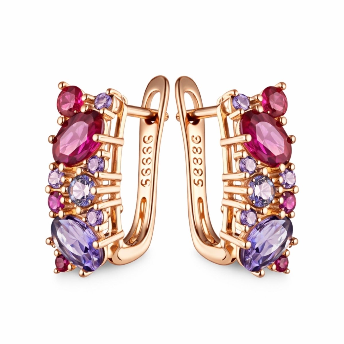 A pair of Kouvr Aileen multi-gemstone huggie earrings in 585 rose gold, featurin