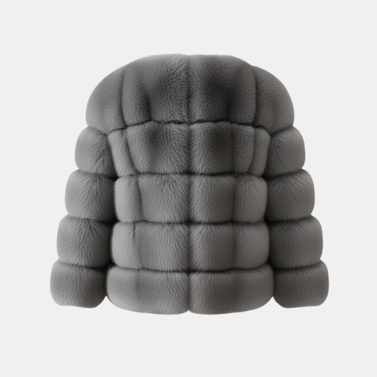 Product-only image of the grey Alexia faux fur jacket from the back on a white background.