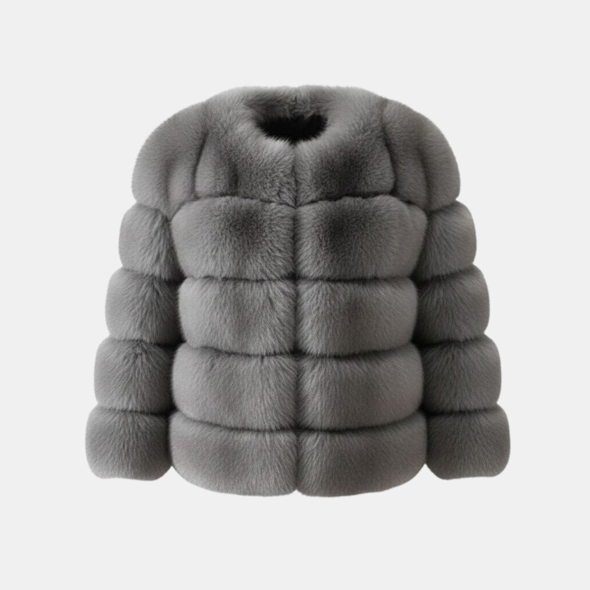 Product-only image of the grey Alexia faux fur jacket from the front on a white background.