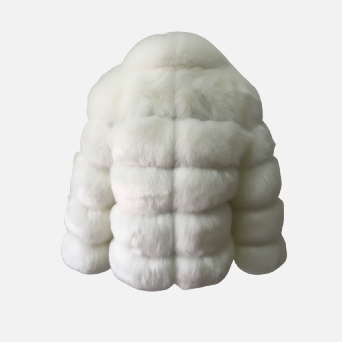 Back view product shot of the white paneled luxury vegan fur coat, showing the continuous horizontal tiered construction.