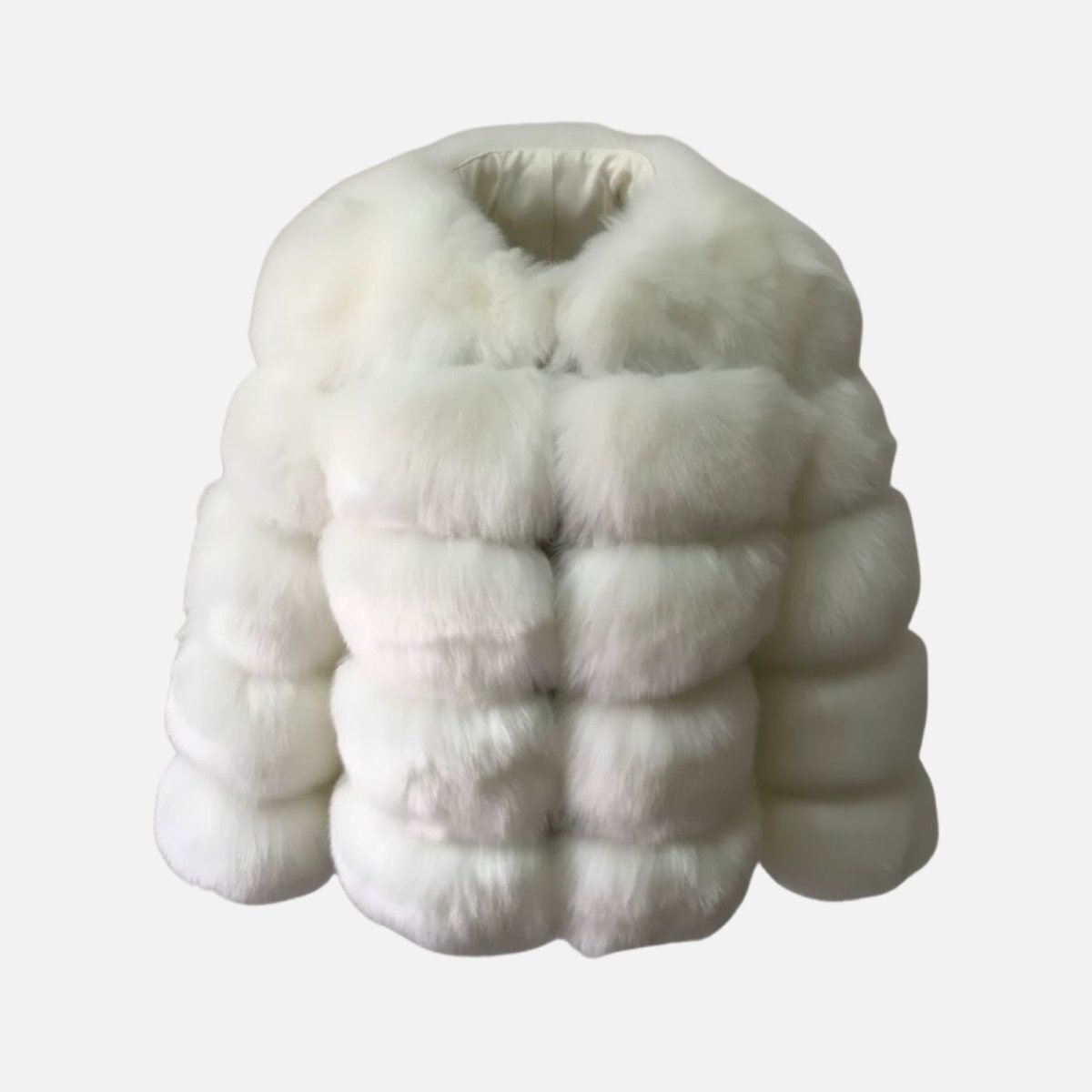 Front view product shot of the white paneled luxury vegan fur coat on a plain background, highlighting the collarless design and tiered texture.