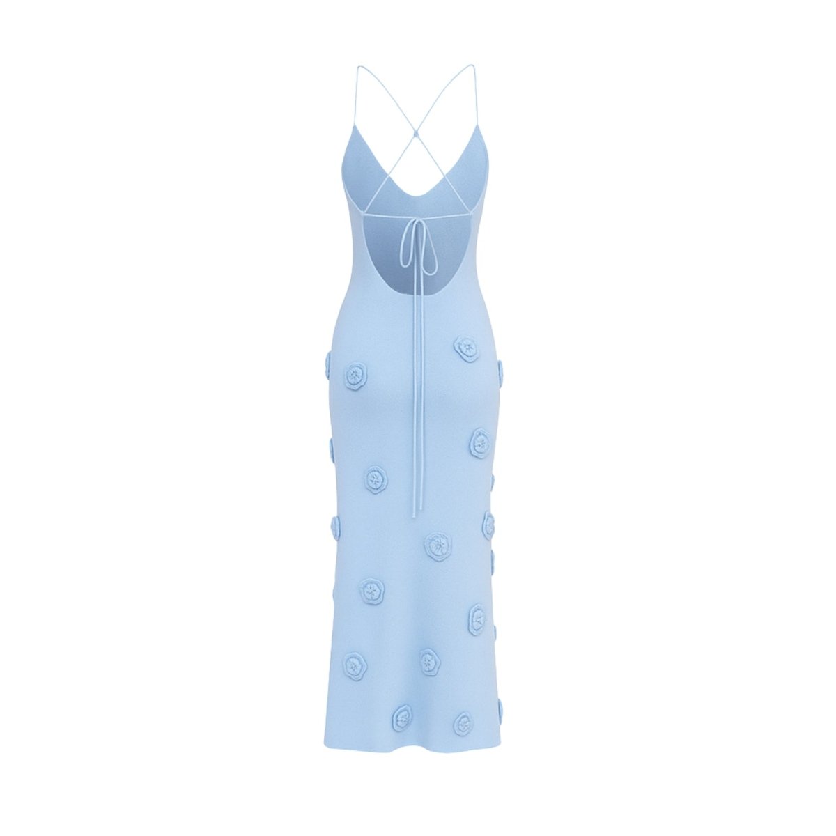 Light blue dress with button details on a white background