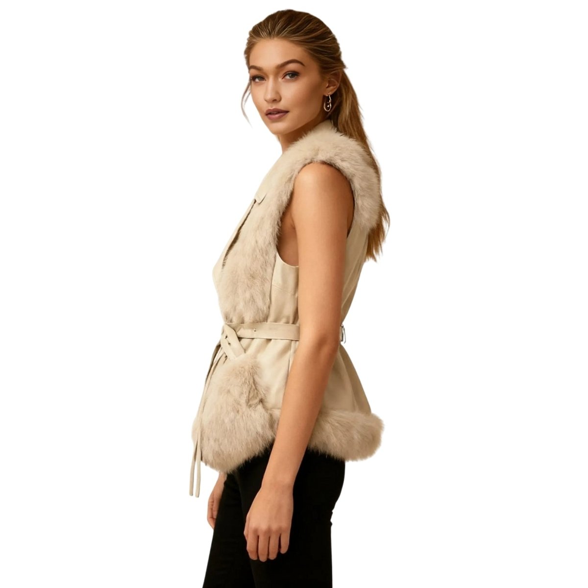 Woman wearing a beige Kouvr fur vest on a white background