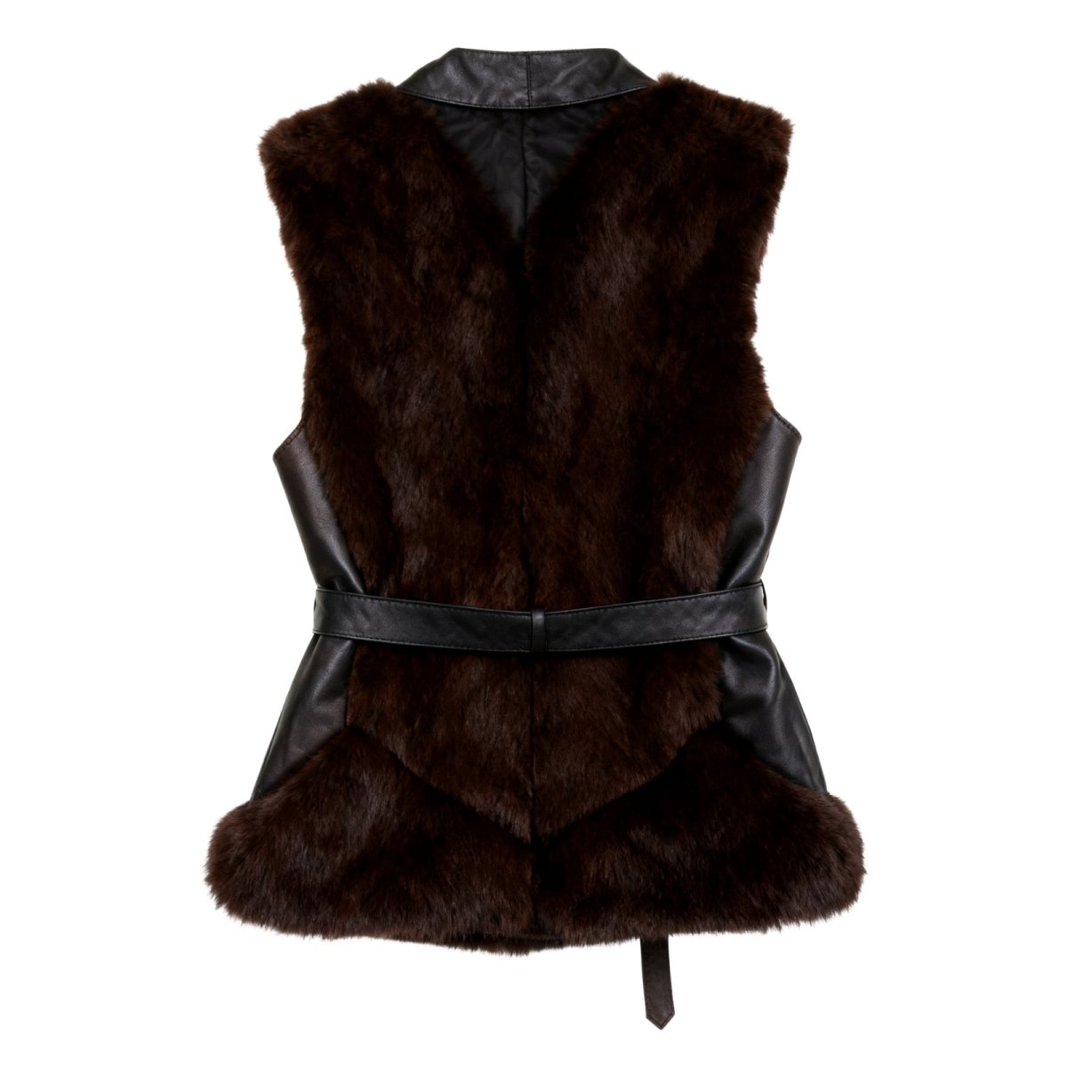 Brown Kouvr fur vest with black leather accents on a white background