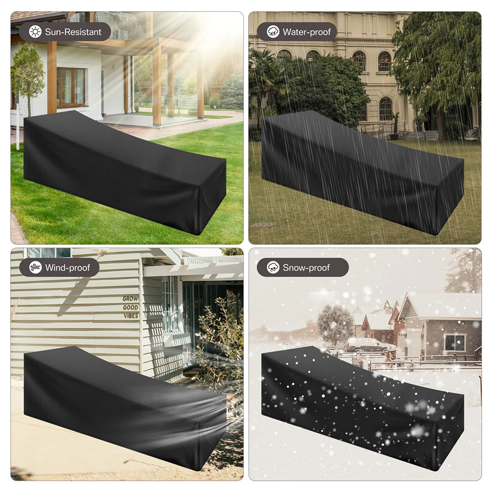 Four panel lifestyle collage showing the Kouvr outdoor furniture cover resisting sun, heavy rain, wind, and winter snow in luxury backyards.