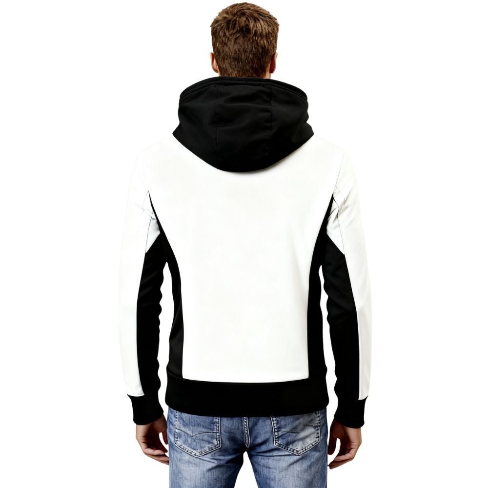 Person wearing a black and white kouvr hoodie with a plain background