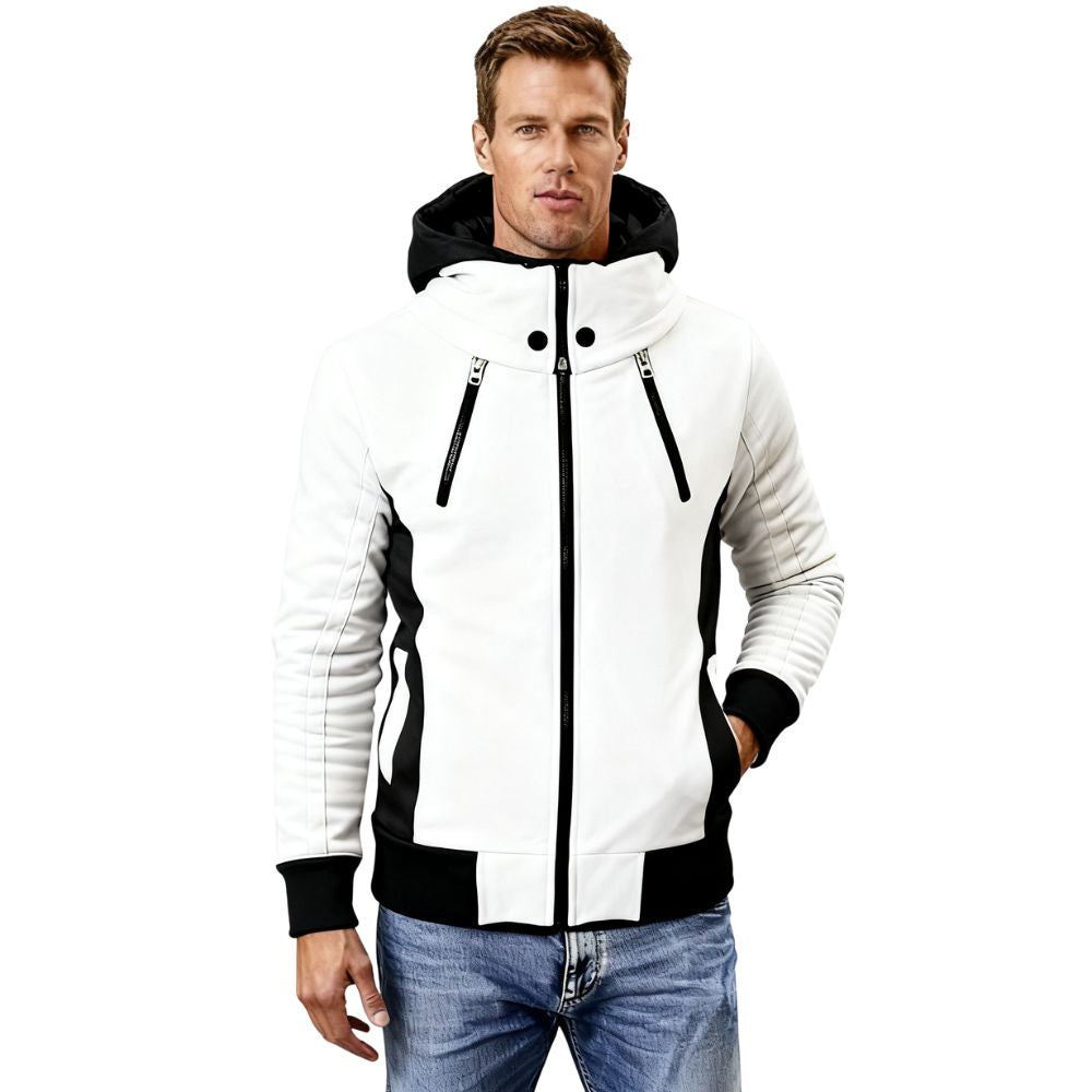 Model wearing the Kouvr Altair men's white and black high neck techwear hoodie