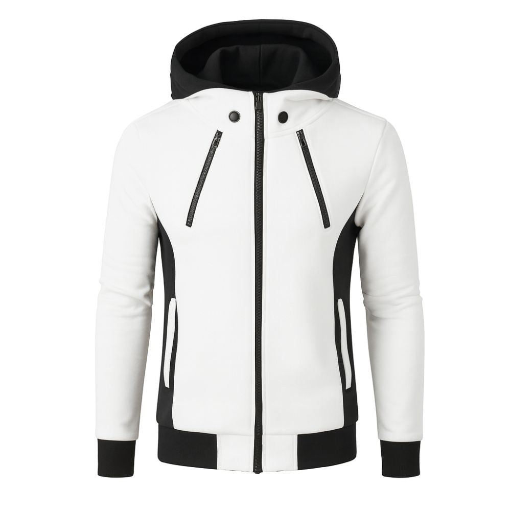 White High Neck Zip Up Hoodie | Slim Fit Funnel Neck Techwear