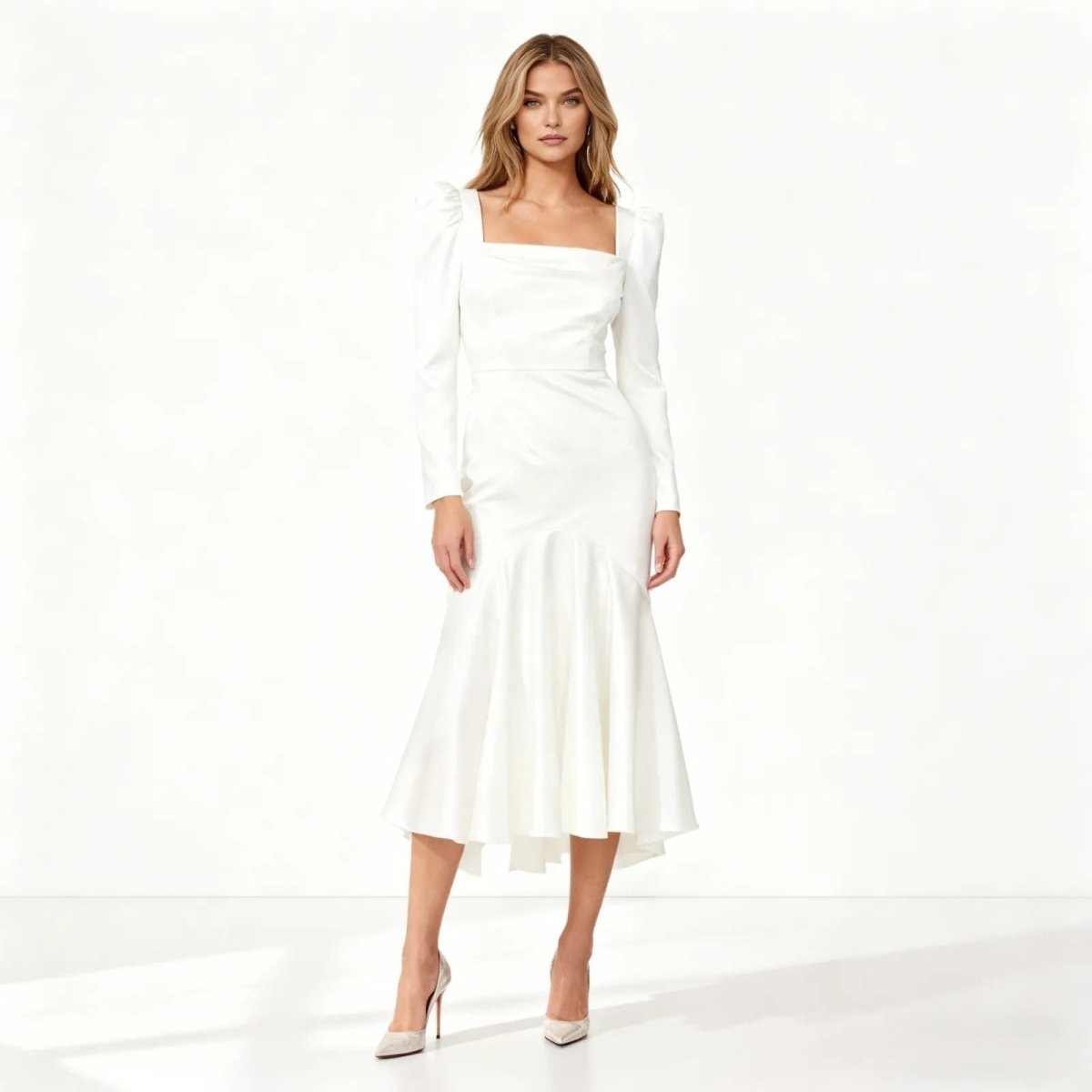 Model wearing the Kouvr Fashion Alyssa dress in white satin, walking forward, showing the long puff sleeves, square neckline, and high-low mermaid hem.