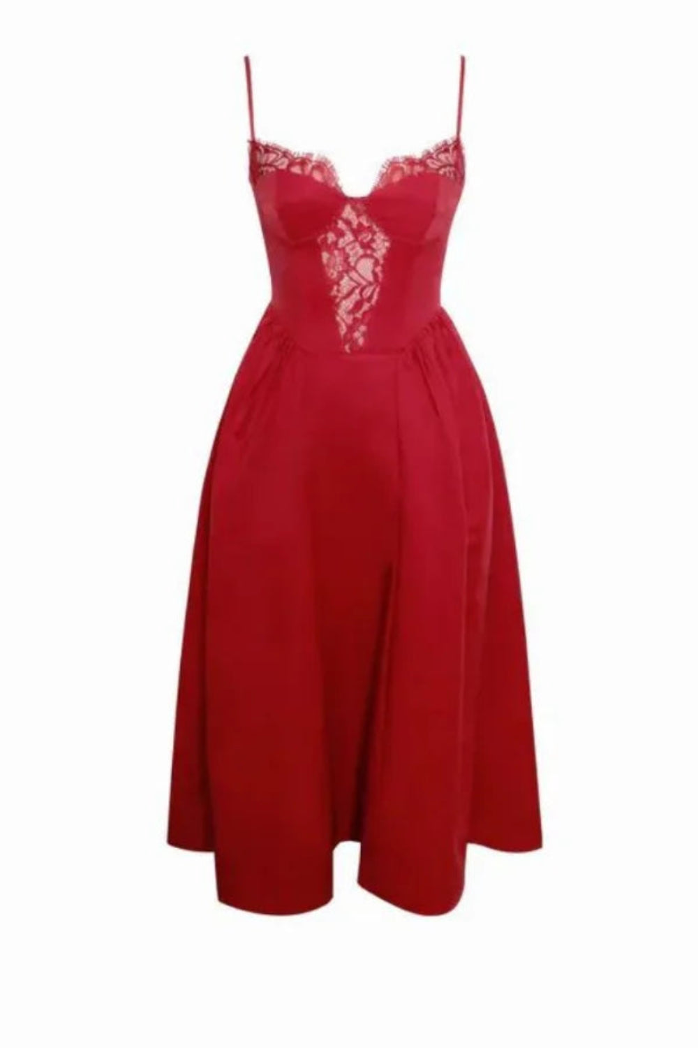 Model wearing Kouvr Amadi red corset midi dress with lace detail and hands in pockets