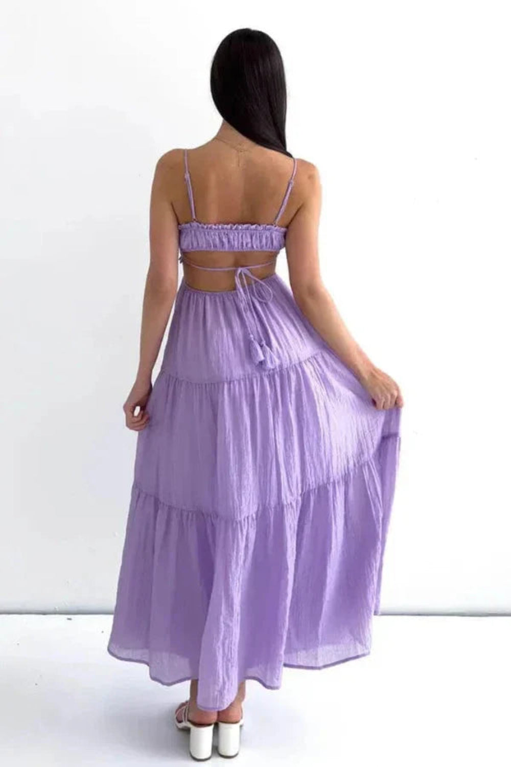 "smocked bodice"
- "open back tie dress"
- "spaghetti strap long dress"
- "lightweight cotton sundress"
- "vacation outfit for women"
- "romantic prairie dress