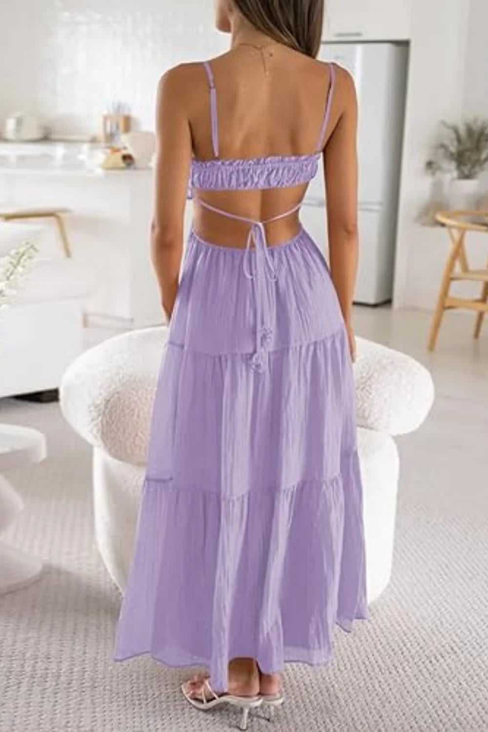 "smocked bodice"
- "open back tie dress"
- "spaghetti strap long dress"
- "lightweight cotton sundress"
- "vacation outfit for women"
- "romantic prairie dress