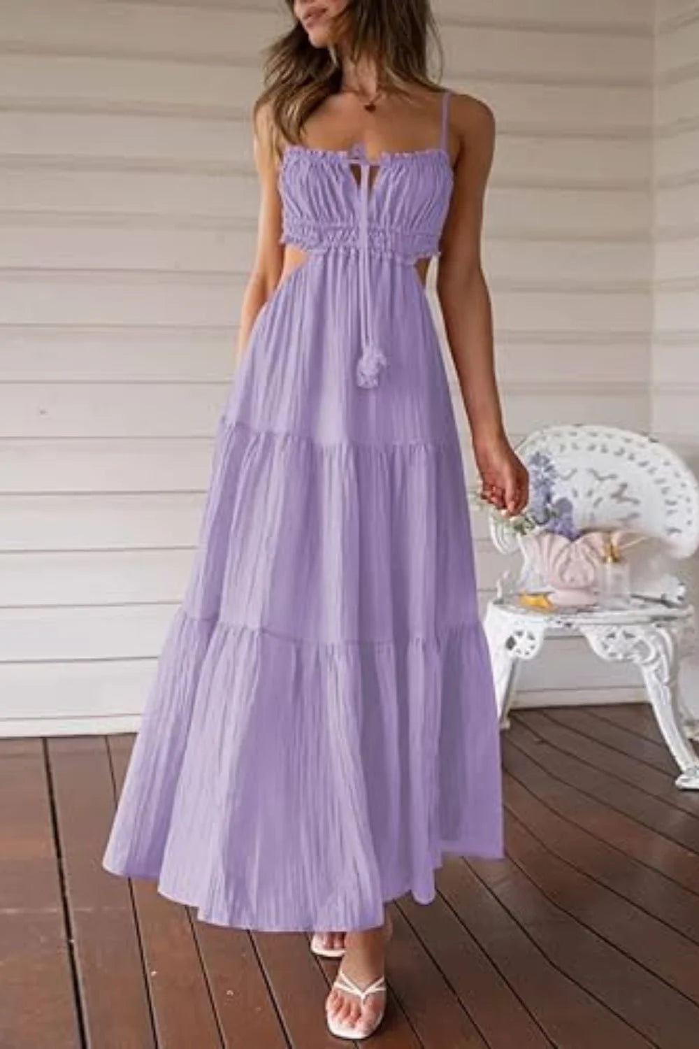 "smocked bodice"
- "open back tie dress"
- "spaghetti strap long dress"
- "lightweight cotton sundress"
- "vacation outfit for women"
- "romantic prairie dress