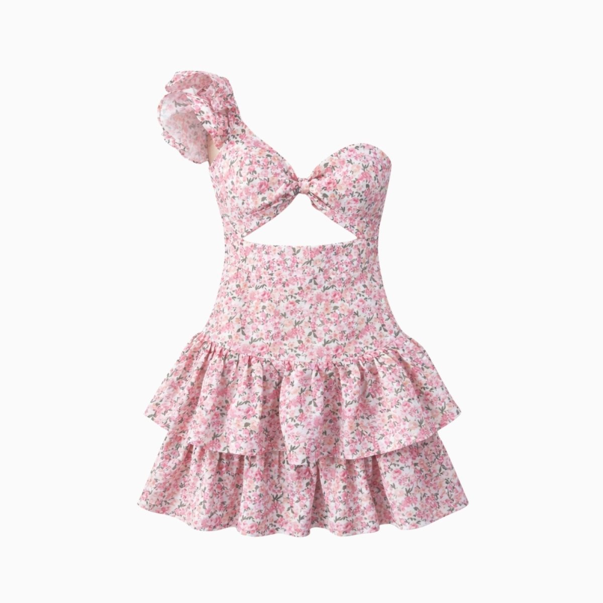 Product image of the one-shoulder pink floral mini dress showing the knotted bust, cutout, and ruffle shoulder detail.