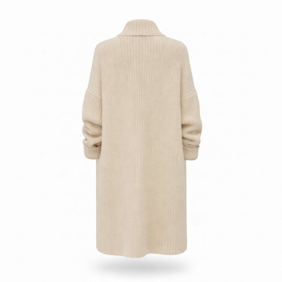 Rear studio shot of the ivory waffle knit long cardigan, showing the center back seam and cuffed sleeve details.