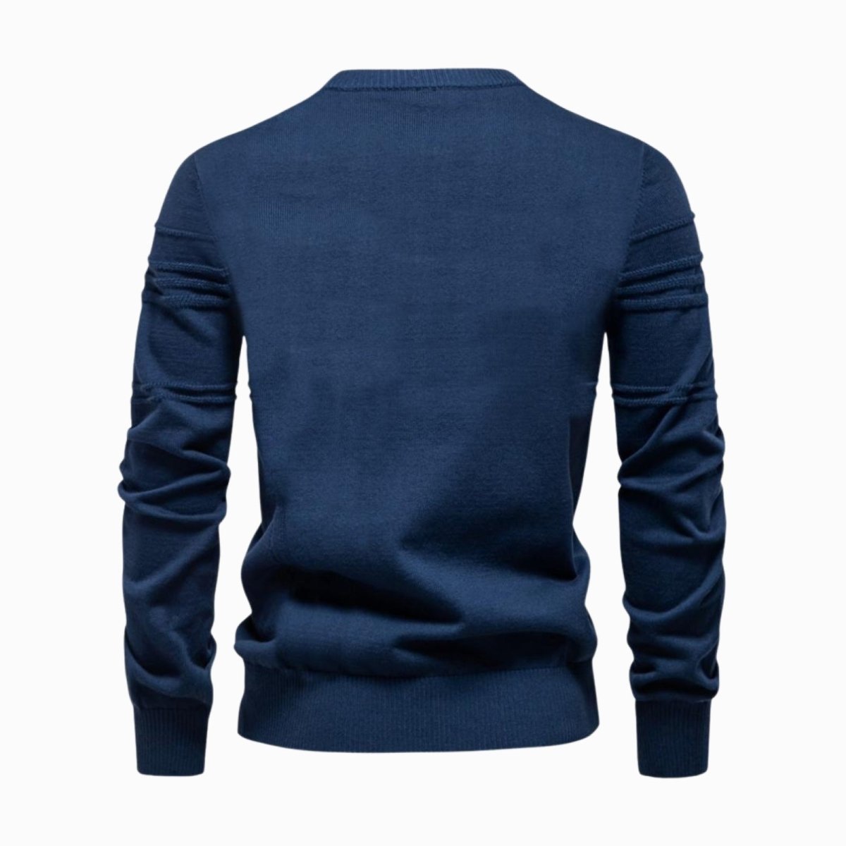 Back view of the blue Kouvr Ander sweater on a white background, displaying the sleeve texture and knit quality.