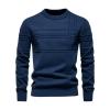 Front view of the Kouvr Ander Textured Crewneck Sweater in blue on a white background, showing the intricate ribbed detailing.