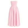 Model wearing the Kouvr Fashion blush pink strapless midi dress with a full pleated skirt
