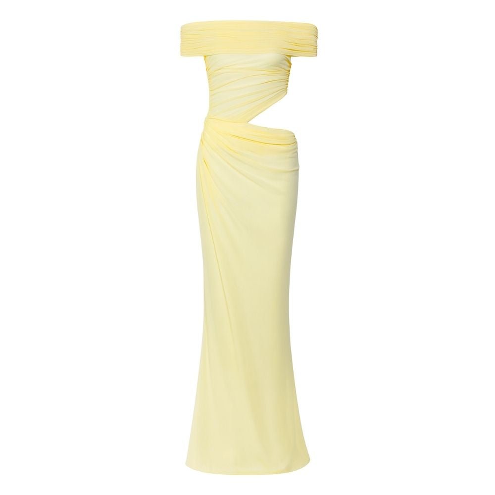 Model wearing the Kouvr Anita Gown in Lemon Chiffon, a yellow off-the-shoulder maxi dress with a side waist cutout
