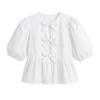 Flat lay image of the white Kouvr Anne peplum blouse showcasing the three front bows and puff sleeve details.