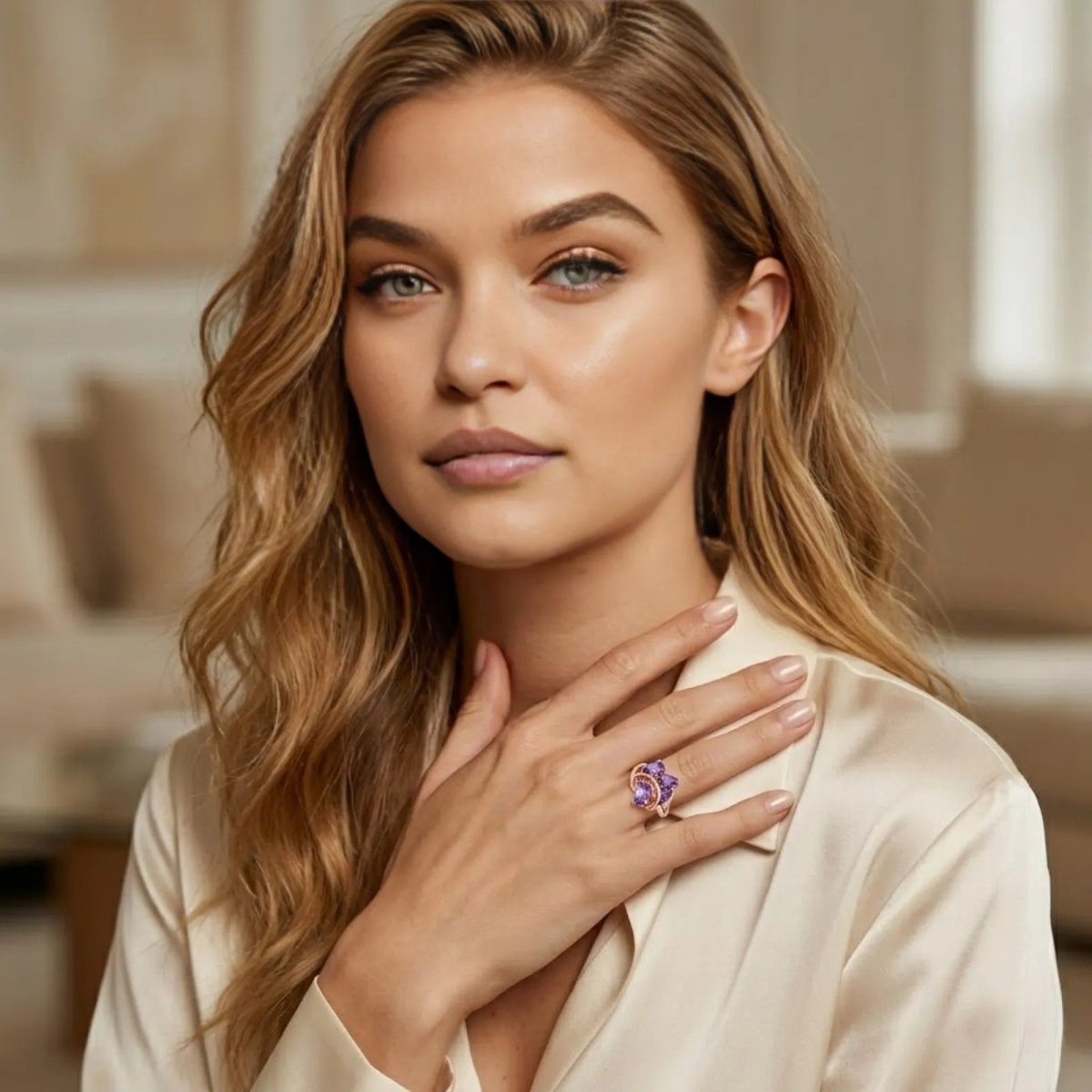 A sophisticated woman wearing the Kouvr Annika purple zircon cluster ring, showcasing its scale and elegance with a neutral silk blouse.
