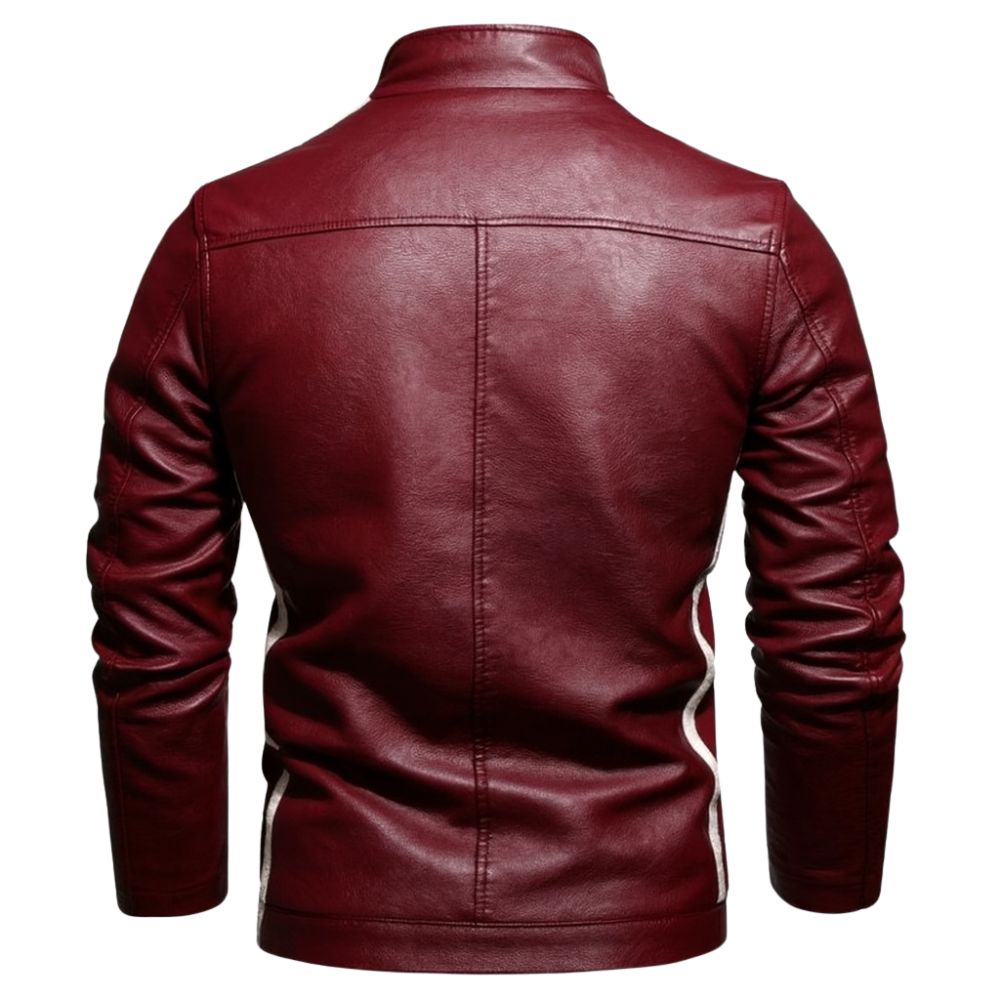 Model wearing the Kouvr men's red leather racing jacket with white arm stripes