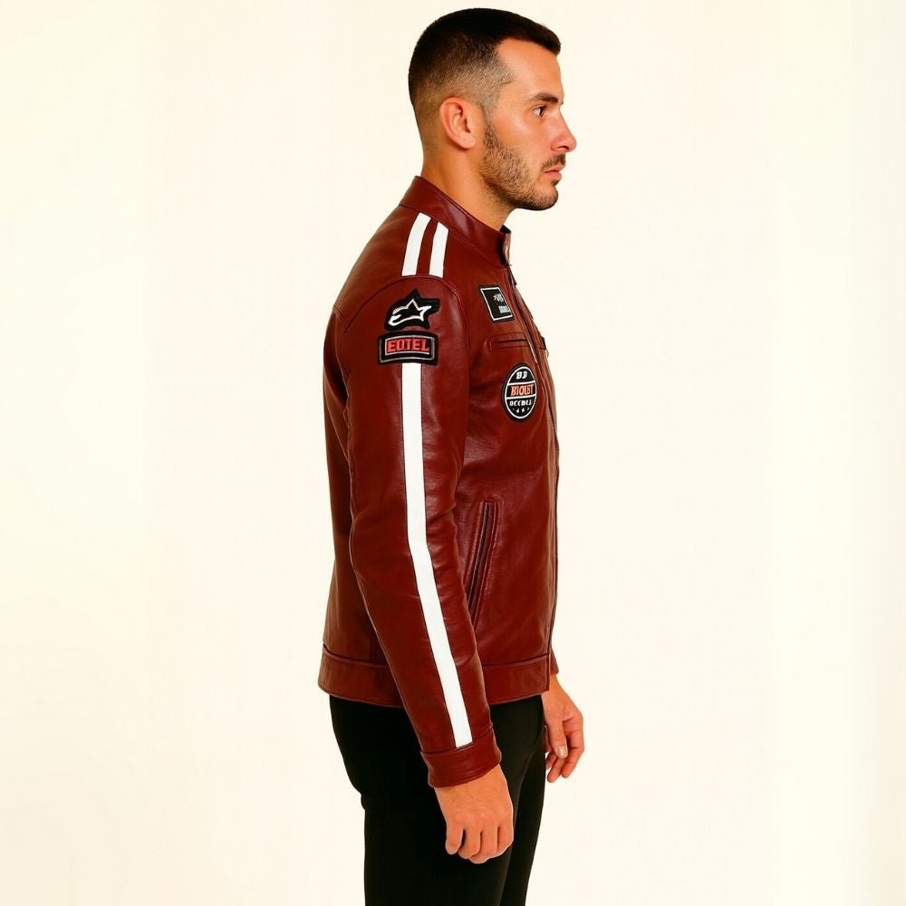 Model wearing the Kouvr men's red leather racing jacket with white arm stripes