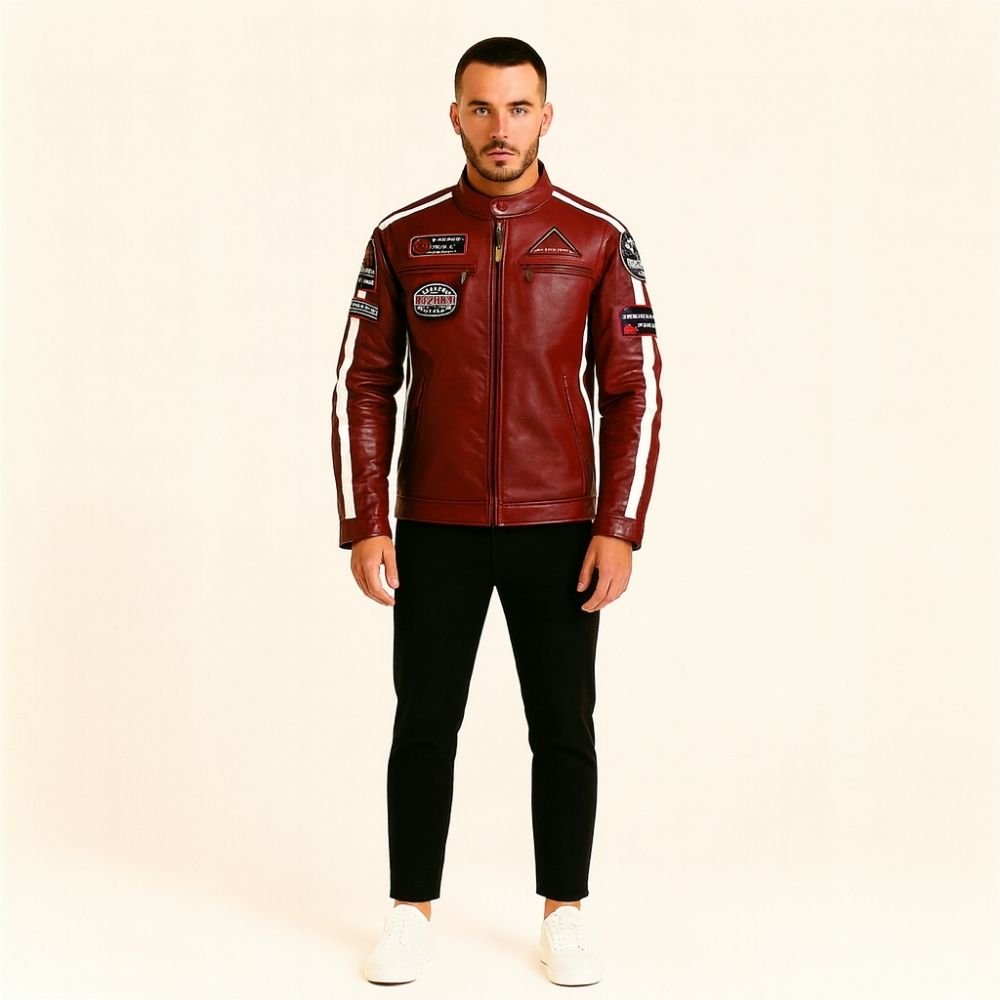 Model wearing the Kouvr men's red leather racing jacket with white arm stripes