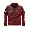 Model wearing the Kouvr men's red leather racing jacket with white arm stripes