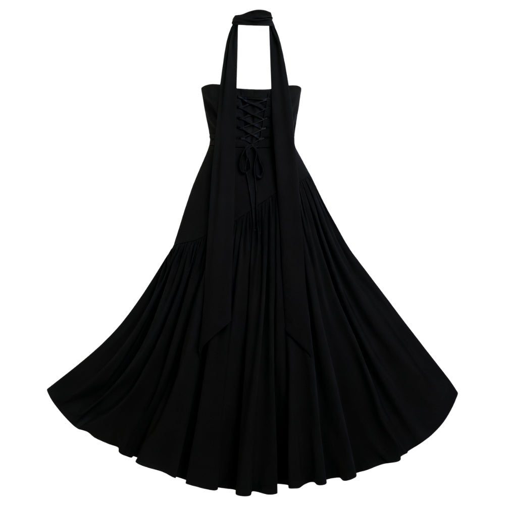 Black Kouvr halter neck dress with ruched bodice on a white background