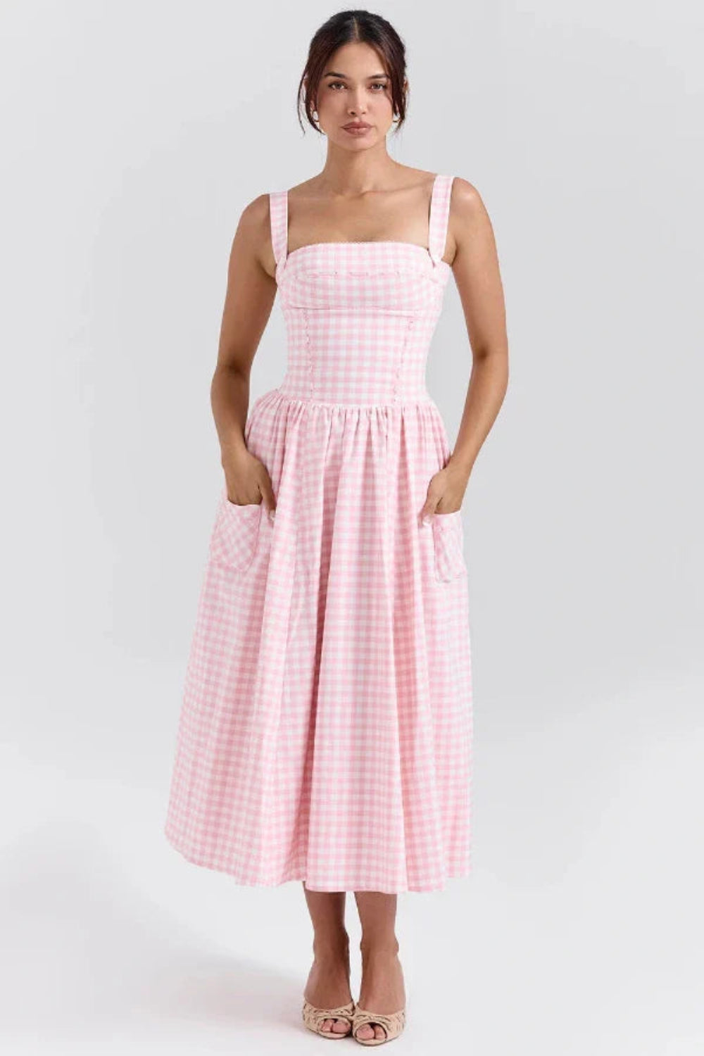 vintage-inspired dress, corset bodice dress, A-line summer dress, pink checkered dress, picnic dress, and romantic dress